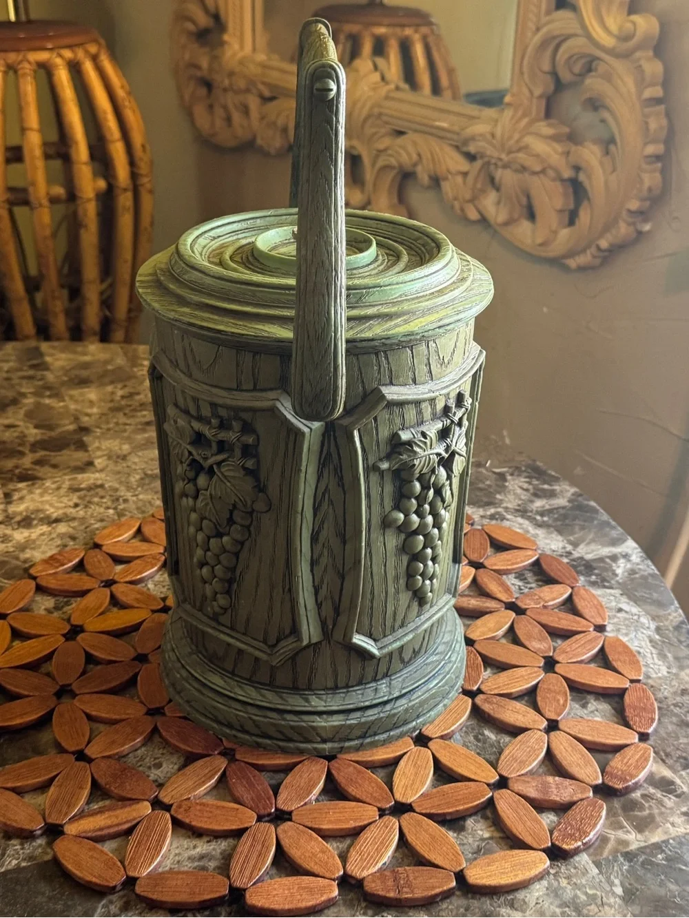 Vintage MCM Grape Ice Bucket – Avocado Green Faux Woodgrain Barware